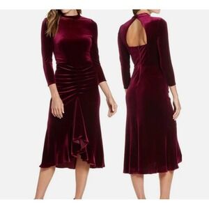 Eliza J Velvet Velour Burgundy Ruched Dress with Keyhole Back